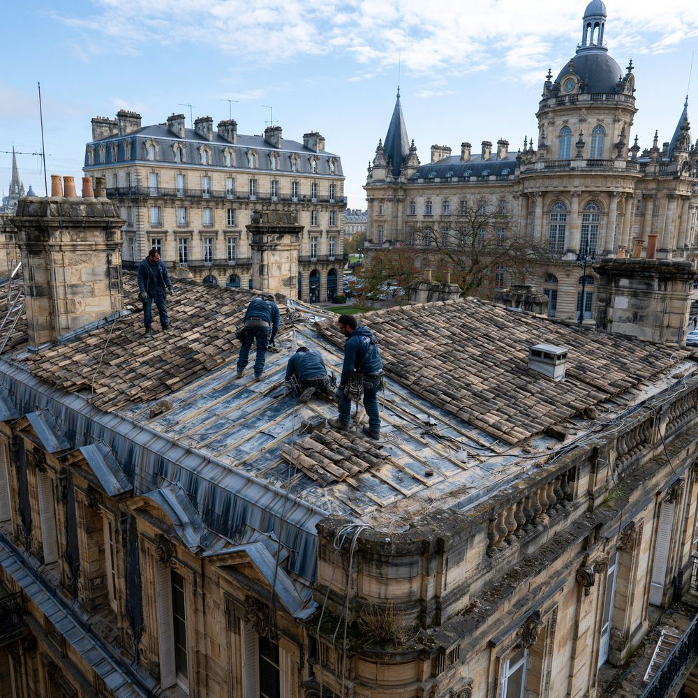 Couvreurs en pleine réfection de la toiture d'un immeuble en pierre à Bordeaux