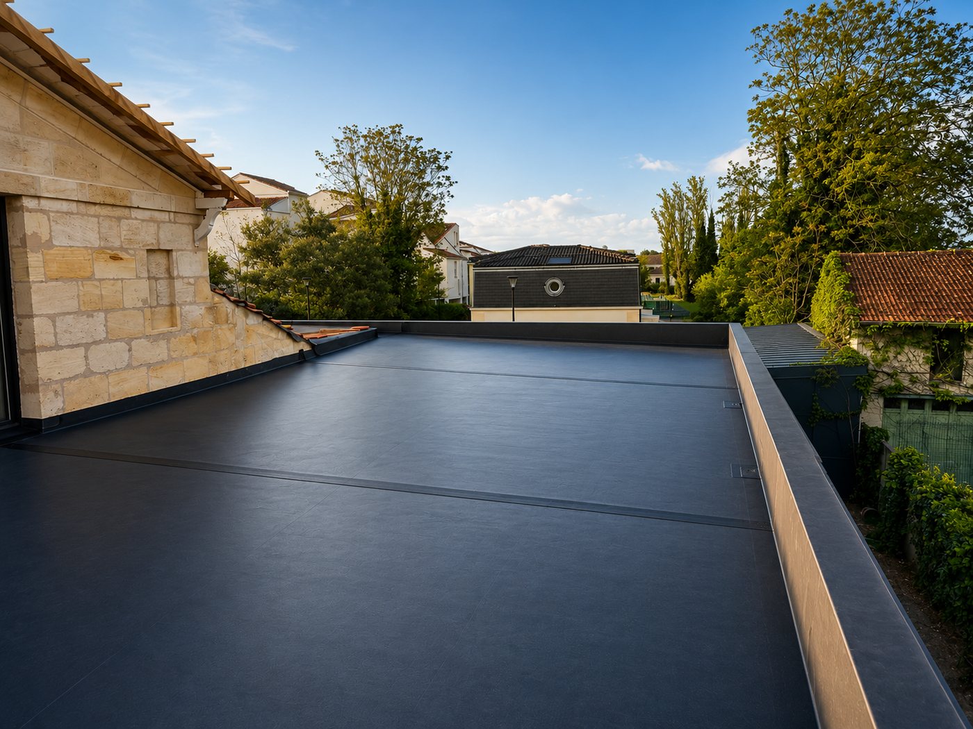 Toiture-terrasse étanchée en membrane EPDM anthracite par A2Roulet-Toiture en Gironde